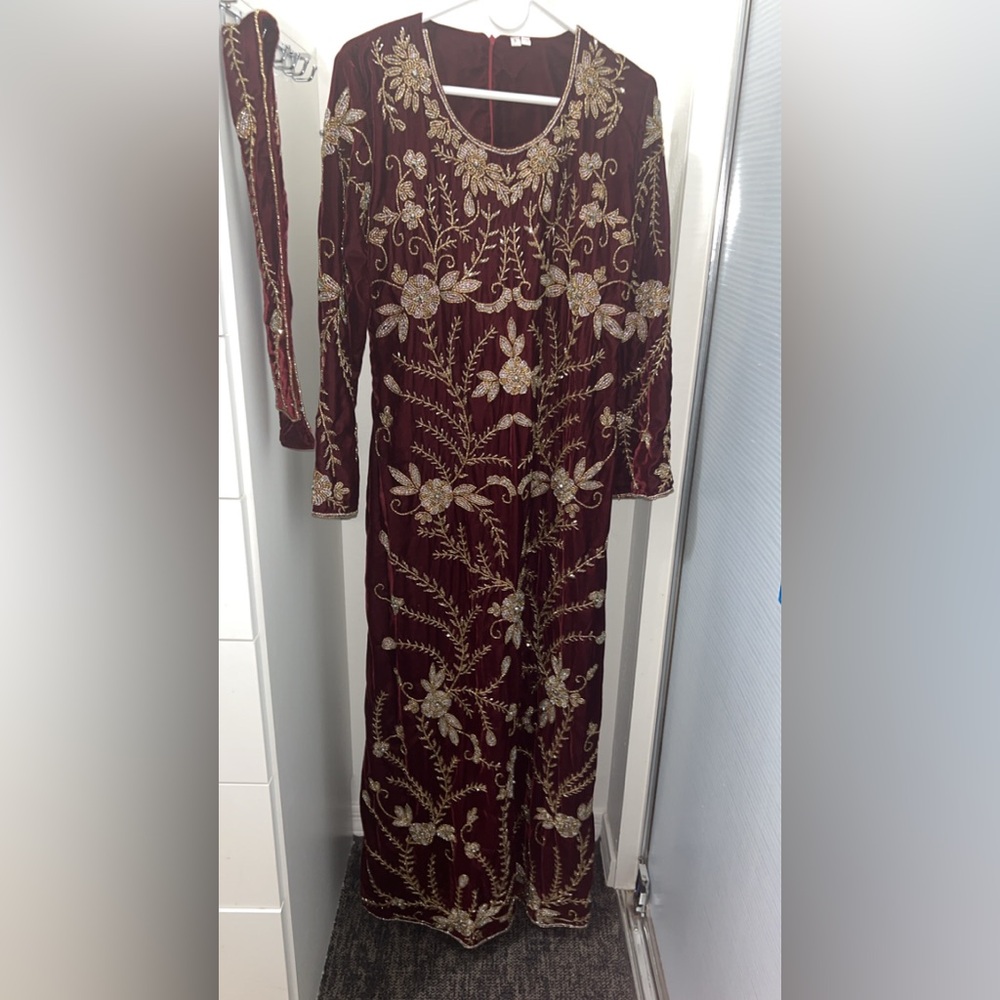 Elegant Burgundy and Gold Embroidered Gown
